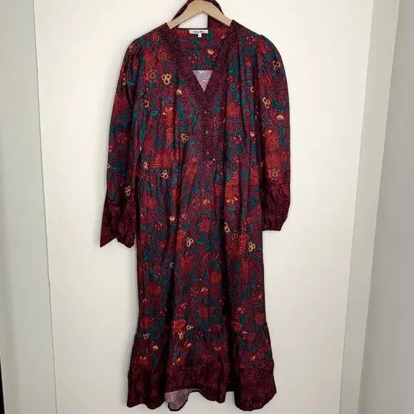 Celina Moon Myrna Merlot Long Sleeve Floral Maxi Dress Womens Large